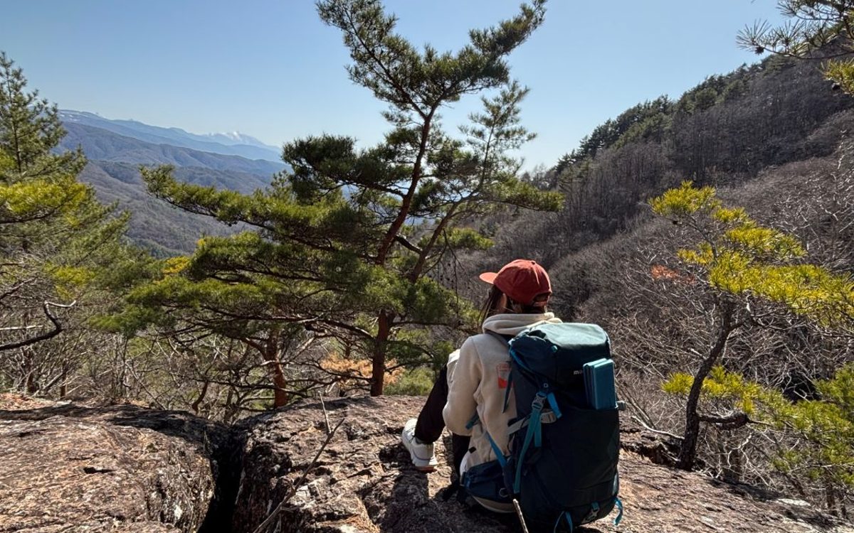 守屋山の岩場から山並みを眺める