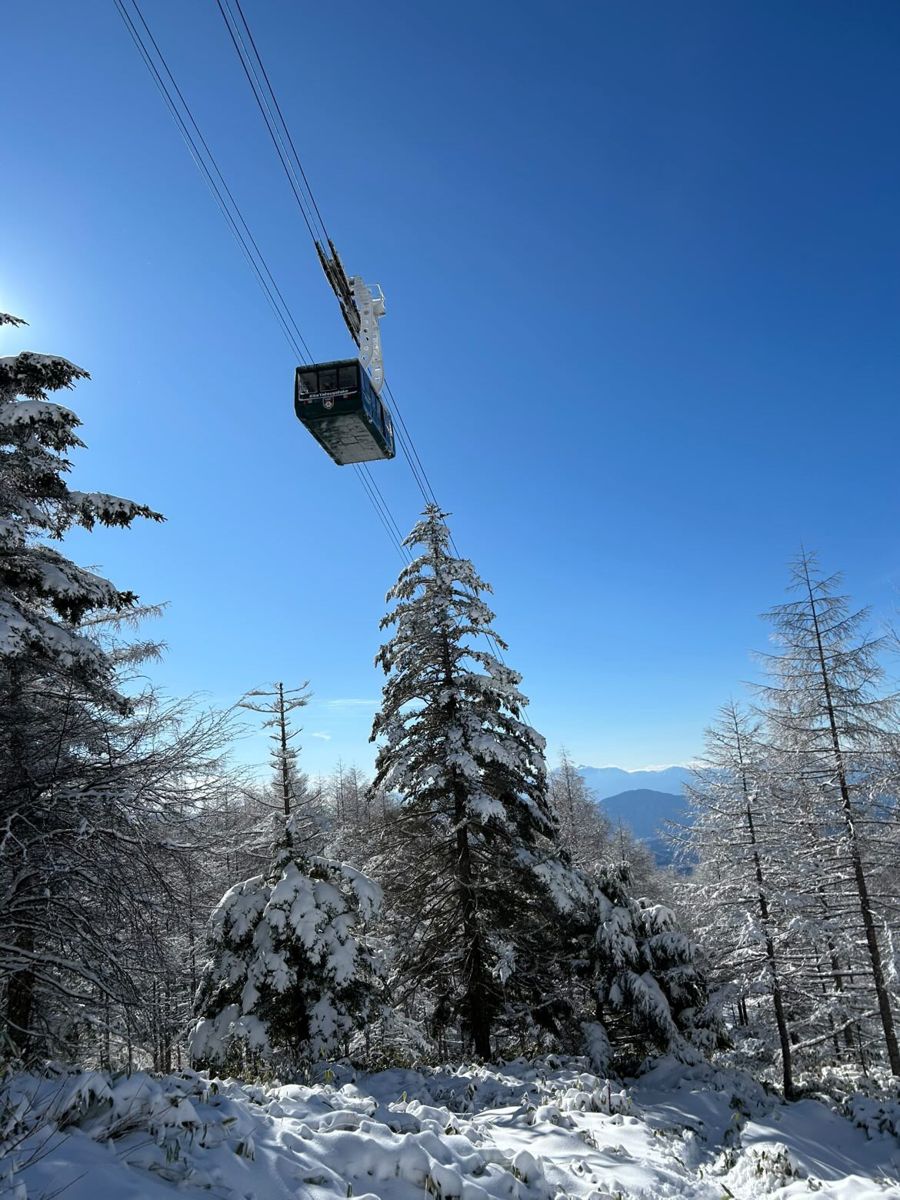 雪の森を上がる北八ヶ岳ロープウェイ